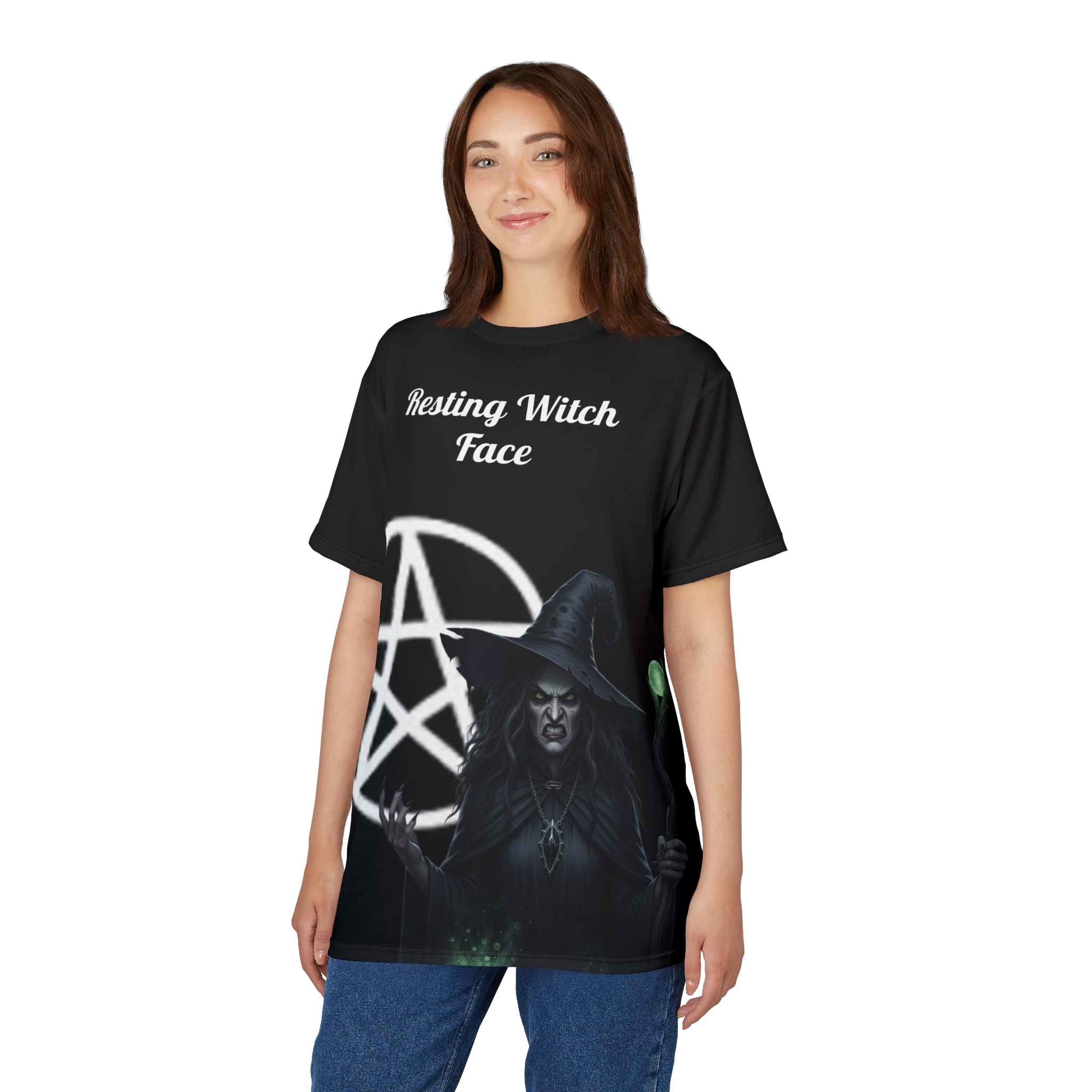 Resting Witch Face Gothic Tee — Creepy Pentagram Black T-Shirt - Image 4