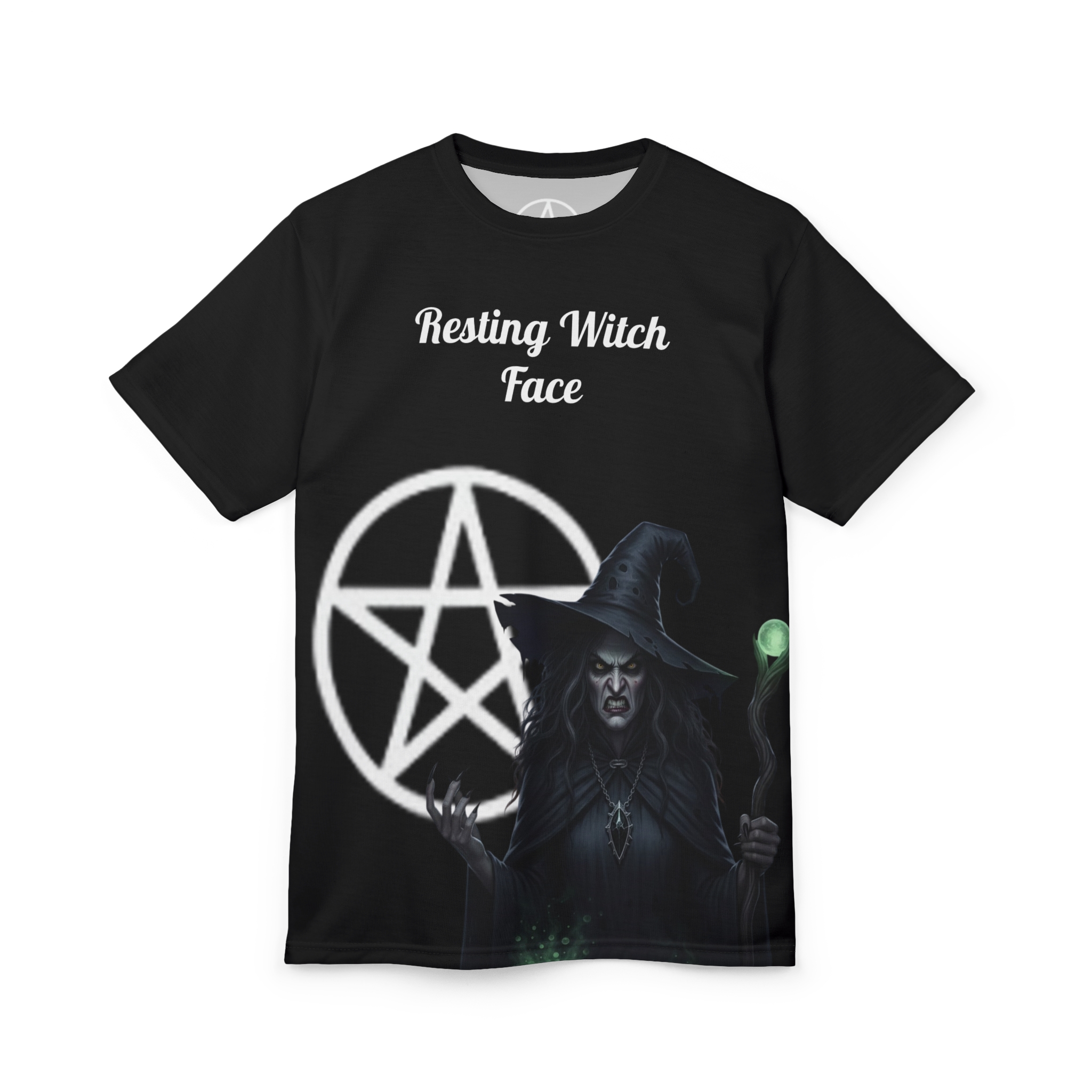 Resting Witch Face Gothic Tee — Creepy Pentagram Black T-Shirt