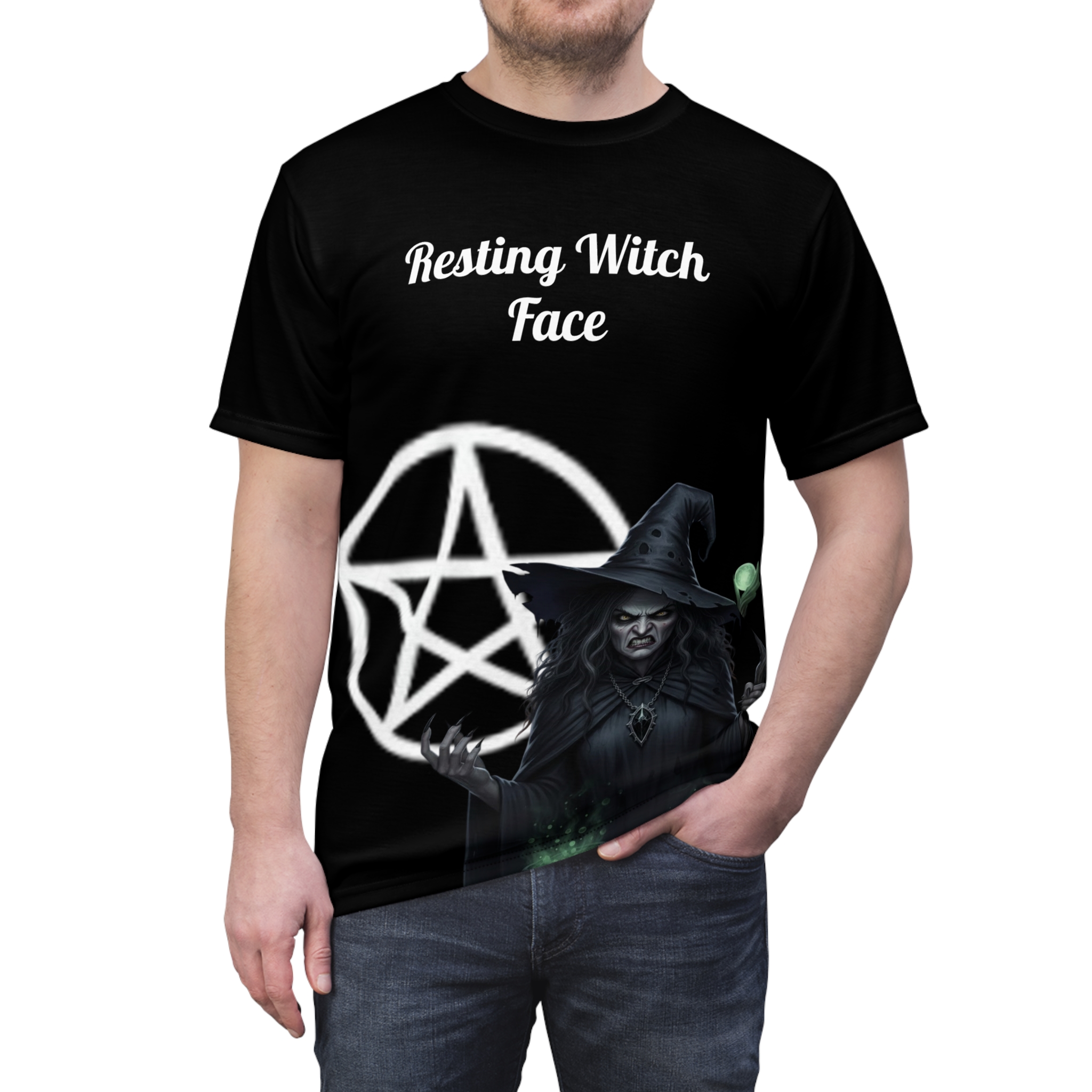Resting Witch Face Gothic Tee — Creepy Pentagram Black T-Shirt - Image 3