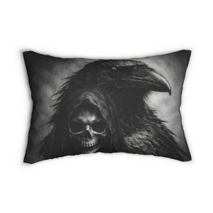 Gothic Skeleton & Raven Lumbar Pillow — Death, Rebirth & Wisdom Accent Pillow